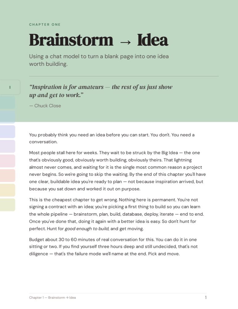Chapter one opener: a full-bleed sage accent band with the chapter title, subtitle, and an italic epigraph.