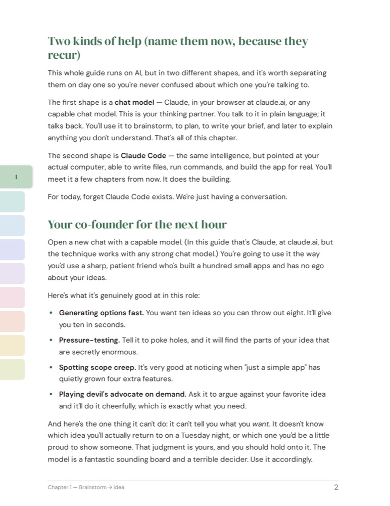 An interior page from chapter one, showing body text, a paste-to-Claude-Code prompt box, and the edge-tab rail.